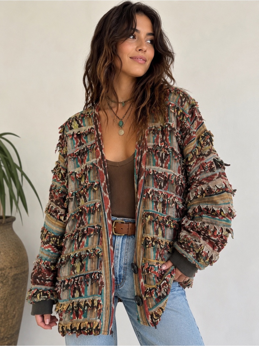 Vintage Paula Sweet Muslin Mink Fringe Southwestern Cardigan Jacket Sz Small